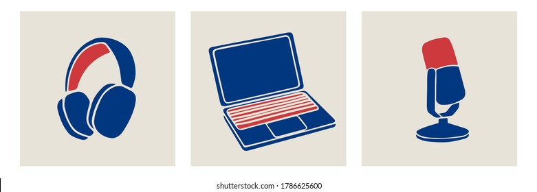 Vector illustration for podcasting banners and templates. Equipment collection for blogging, webinar, podcasting and broadcasting, online radio. microphone, laptop, headphones
