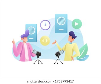 Ilustración vectorial de un podcast.algún hombre está haciendo un podcast en vivo en su espacio personal con varios íconos y colores suaves