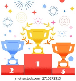 Ilustração vetorial do pódio com taças de ouro, prata e bronze. Troféu campeão, prêmio, ícone do prêmio. Premiação de elementos de design para vencedores do campeonato, certificado de qualidade, competições esportivas
