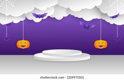 Vector illustration of a podium for Halloween with pumpkin, candy and ghost elements