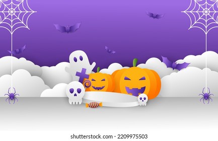 Vector illustration of a podium for Halloween with pumpkin, candy and ghost elements