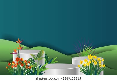 vector illustration of podium platform with geometric shapes and nature background