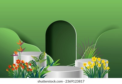 vector illustration of podium platform with geometric shapes and nature background