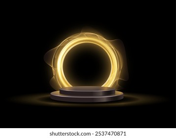 Vector illustration of podium with round golden glowing frame and wave flows. Geometric frame on black isolated background for product demonstration or game portal.