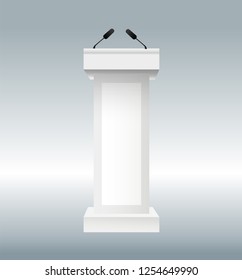 vector illustration of podium tribune with microphones isolated on transparent background. Art design rostrum stands. Abstract concept graphic element for business presentation, conference. Vector
