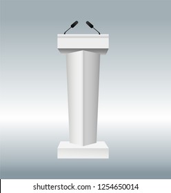 vector illustration of podium tribune with microphones isolated on transparent background. Art design rostrum stands. Abstract concept graphic element for business presentation, conference. Vector