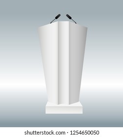 vector illustration of podium tribune with microphones isolated on transparent background. Art design rostrum stands. Abstract concept graphic element for business presentation, conference. Vector