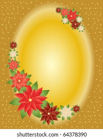 vector illustration of poinsettia flowers on a golden oval background in eps1o format with lots of copy space ideal for christmas card or gift tag