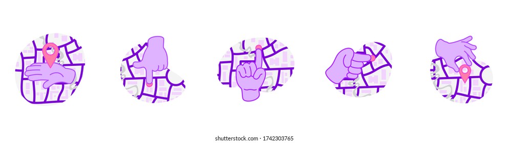 
Vector illustration. Point on the map, designation of coordinates for the route. Hand pointers. Mark on the map.