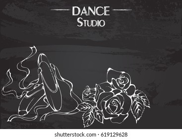 Vector illustration with pointe shoes stylized as chalk drawing on a blackboard. Design for a dance studio.