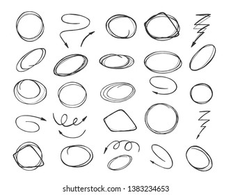 Vector illustration of pointers and shapes set marker style. Sketchy circles and rounds, zigzag, curve and helical arrows, different marks. Vintage hand drawn style.