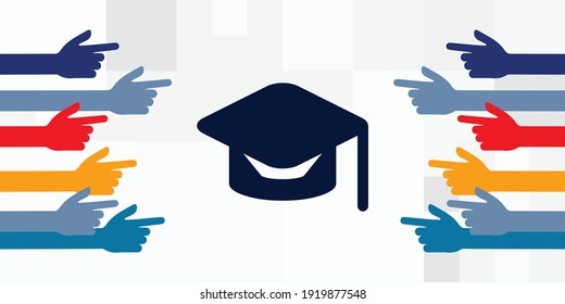 vector illustration of pointing fingers and academic cap for attention to graduation and education 