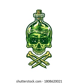 Vector illustration of poison bottle skull, hand drawn line style with digital color