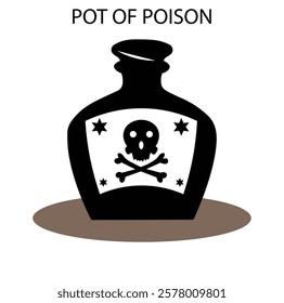 A vector illustration of a poison pot silhouette featuring a bubbling cauldron, skull symbol, toxic fumes, and dripping liquid. Dark, eerie, and perfect for horror themes, warnings, or fantasy art.