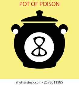 
A vector illustration of a poison pot silhouette featuring a bubbling cauldron, skull and crossbones, toxic fumes, and dripping liquid. Mysterious, eerie, and ideal for fantasy, horror, or warning de