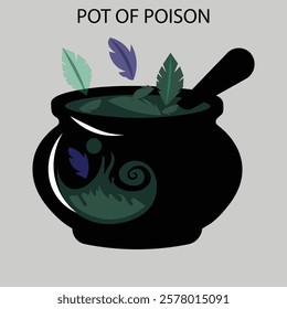 A vector illustration of a poison pot silhouette featuring a bubbling cauldron with toxic fumes, a skull emblem, dripping liquid, and eerie swirls. Perfect for fantasy, horror, alchemy, or warning des