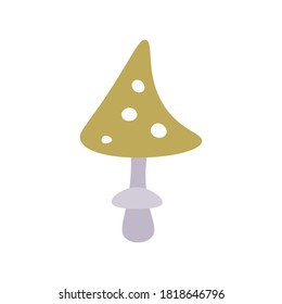 Vector illustration of a poisonous and funny mushroom. Green mushroom with polka dots on white isolated. Illustration in flat cartoon style. Hand drawn poisonous mushroom fly agaric.