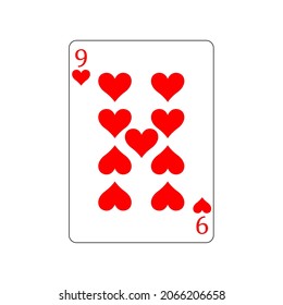Vector illustration  poker card symbols. Card number nine Hearts. Isolated on a blank, editable and changeable background.