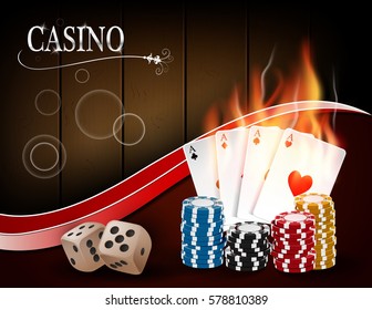Vector Illustration of Poker casino gambling set with dice, cards, and chips on wood background