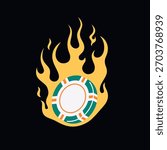 Vector illustration of a poker chip on fire. Dynamic and energetic design, perfect for casino, poker, and gambling projects.