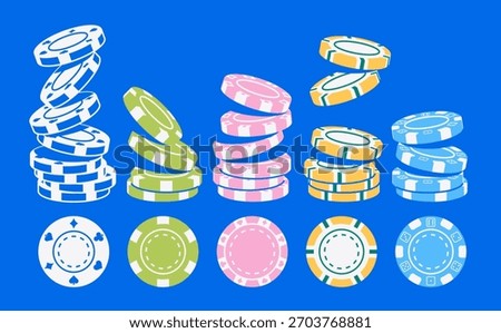 Vector illustration of a poker chip set with different designs and denominations. Chips in stacks, flat style, colorful and modern for casino, poker, and gambling projects.