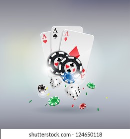 vector illustration poker gambling chips poster . poker collection with chips, dices, cards