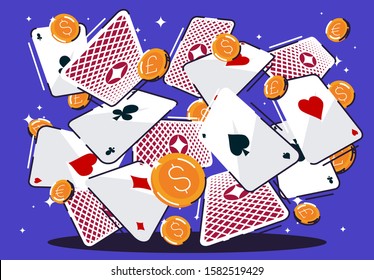 Vector Illustration Of Poker Playing Cards Flying In The Air With Gold Coins, Playing Cards Shirt, Gambling