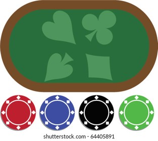 Vector illustration of a poker table and four different colored poker chips.