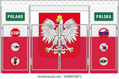 Vector illustration of Poland flag under lattice. The concept of isolationism. No war.
