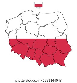 Vector illustration of Poland map overlaid with the national flag, highlighting the country's geographic outline combined with its national colors.