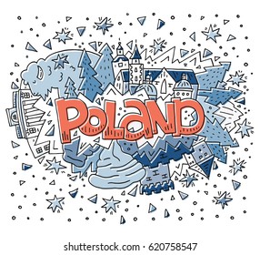 The vector illustration Poland word and  colored symbols of a country. 