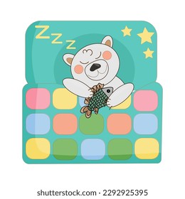 vector illustration polar baby cartoon bear sleeping under a patchwork quilt blanket in bed