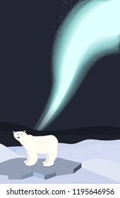 Vector illustration with polar bear and aurora borealis. Flat style winter illustration