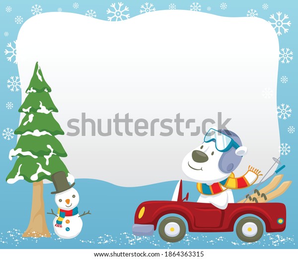 Vector illustration of polar bear cartoon driving\
car while carrying skiing equipment at winter. Snowman under pine\
tree