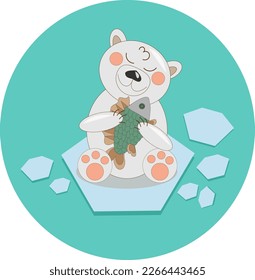 vector illustration of a polar bear cub with a fish in its paws sits on an ice floe