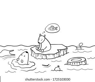 Vector illustration of a polar bear looking for food for a little white teddy bear on an ice floe surrounded by litter in the ocean.Eco concept.Stop ocean pollution.Help polar bears.Say NO to plastic