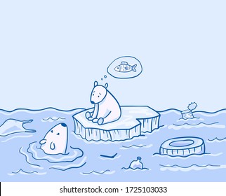 Vector illustration of a polar bear looking for food for a little white teddy bear on an ice floe surrounded by litter in the ocean.Eco concept.Stop ocean pollution.Help polar bears.Say NO to plastic