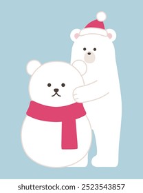 Vector illustration of a polar bear making a snowman. Winter, scarf, hat, Christmas