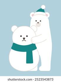 Vector illustration of a polar bear making a snowman. Winter, scarf, hat, Christmas