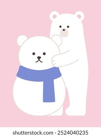 Vector illustration of a polar bear making a snowman. Winter, scarf, polar bear, polar bear