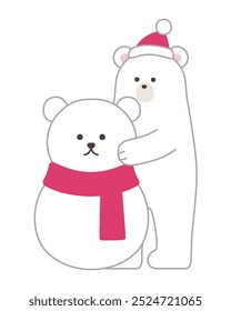 Vector illustration of a polar bear making a snowman. Winter, scarf, hat, Christmas