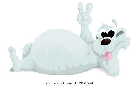 Vector illustration of a polar bear on a white background in cartoon style. The bear lies on his back, propping his head with one hand, the second shows all the world gesture
