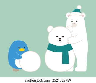 Vector illustration of a polar bear and penguin making a snowman. Winter, hats