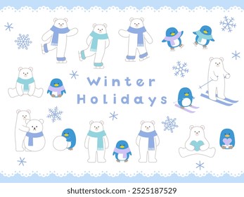 Vector illustration of polar bear and penguin in winter. Polar bear, scarf, skiing, skating, animals