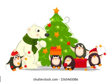 Vector illustration of polar bear and pinguins  friends decorat fir tree.