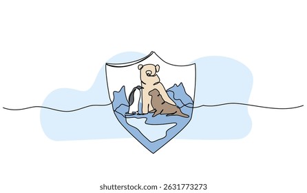 Vector illustration of polar bear and sea lion. Modern flat in continuous line style.