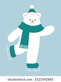 Vector illustration of a polar bear skating. Winter, scarf, hat, Christmas