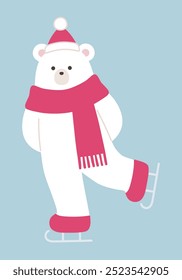 Vector illustration of a polar bear skating. Winter, scarf, hat, Christmas