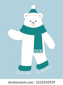 Vector illustration of a polar bear skating. Winter, scarf, hat, Christmas