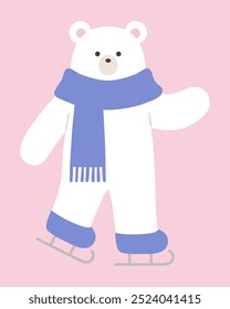 Vector illustration of a polar bear skating. Winter, scarf, polar bear, polar bear